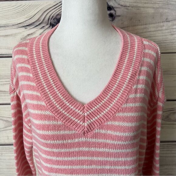 Talbots Pink & White Linen Cotton Blend V Neck Knit Sweater - Picture 2 of 10